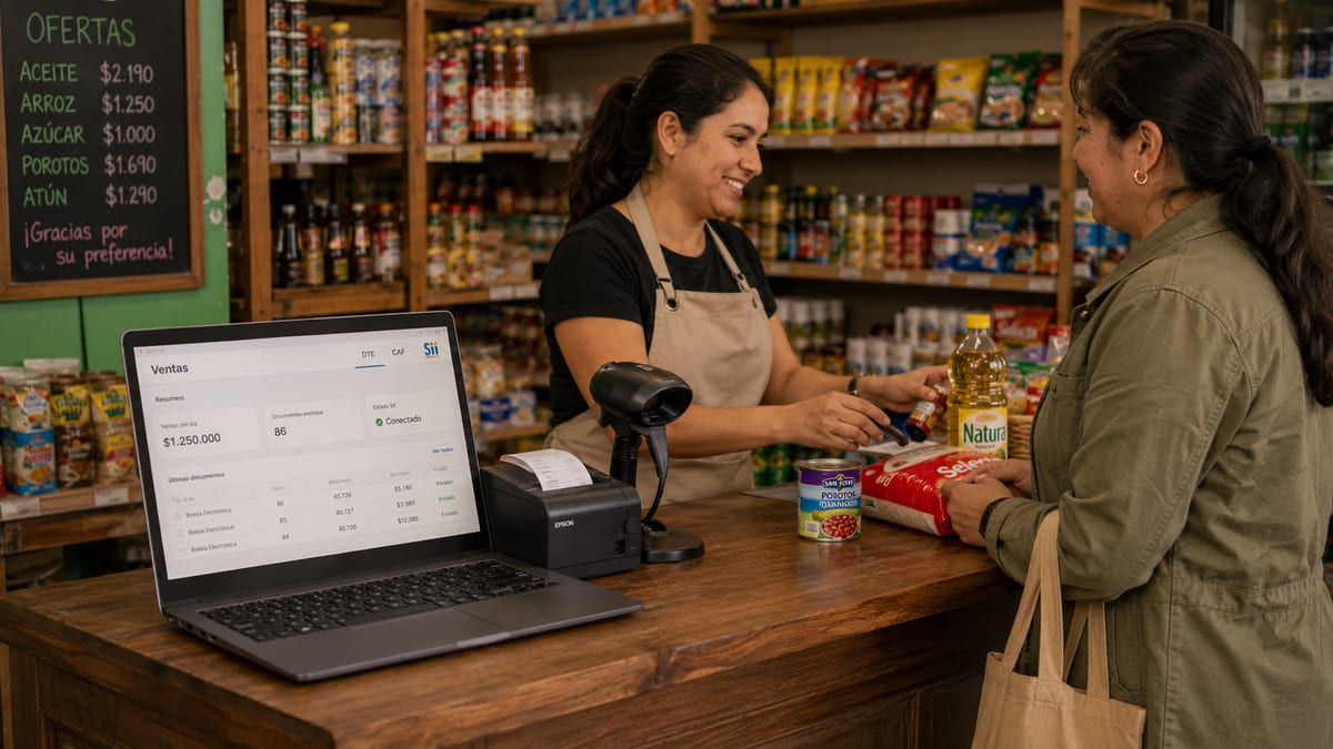 Comerciante chilena atendiendo una venta con el punto de venta de enregla.cl