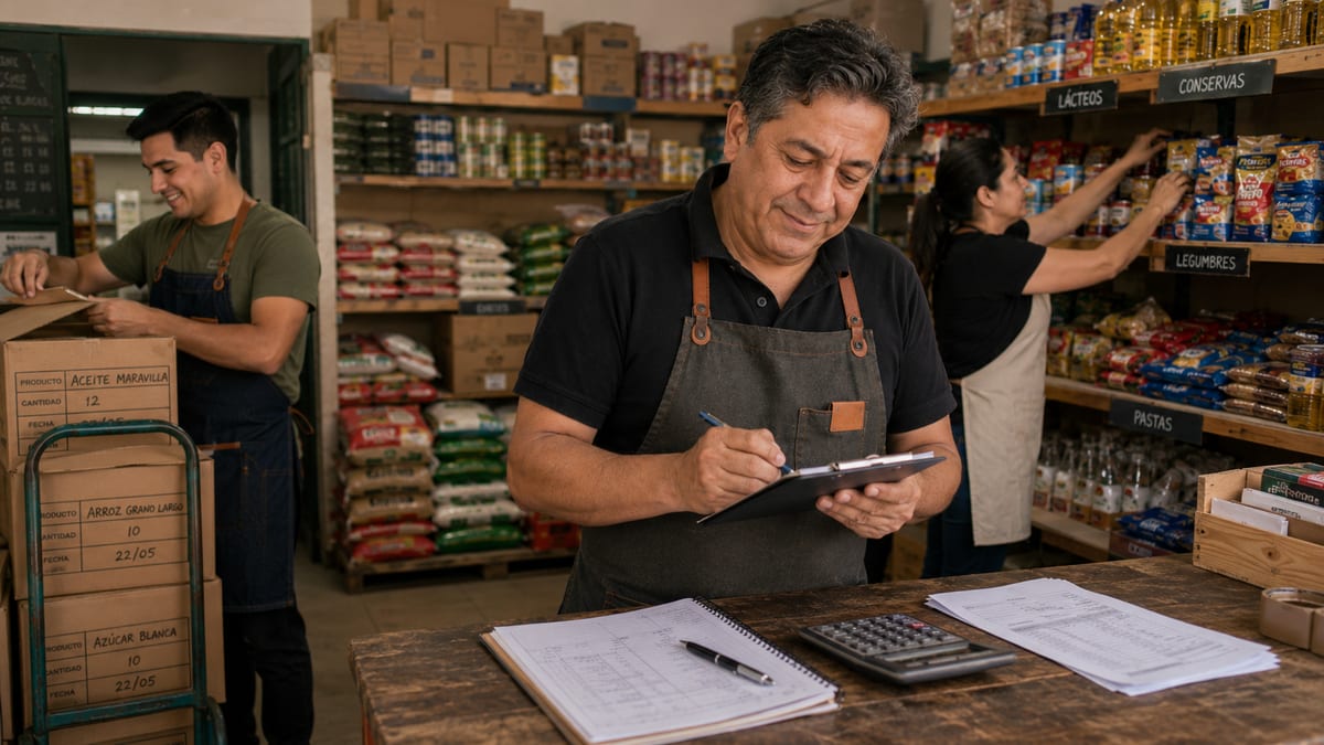 Comerciantes chilenos haciendo el inventario de su almacén